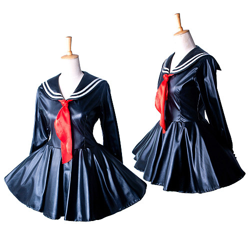 School Uniform Sissy Maid Crossdressing Black Faux Leather Sailor Dress with Red Necktie [G1353]
