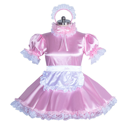 Fondcosplay Lockable Sissy Maid Dress Pink & White Satin Crossdressing Outfit [G3885]