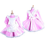 Lockable Sissy Maid Pink Heavy PVC Dress with White Apron for Crossdressing [G1547]