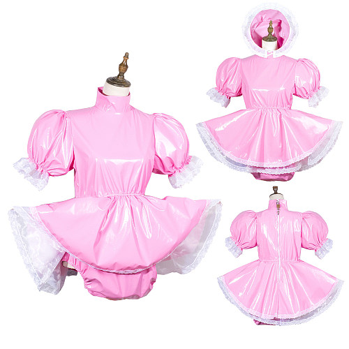Fondcosplay Lockable Pink Thin PVC Sissy Maid Crossdressing Dress with Built-in Panties and Bonnet [G3780]