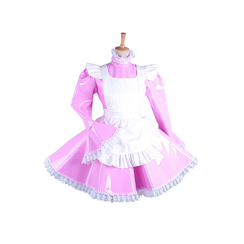 Lockable Sissy Maid Pink Heavy PVC Dress with White Apron for Crossdressing [G1547]