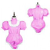 Fondcosplay Lockable Pink Thin PVC Sissy Maid Crossdressing Bodysuit with Puff Sleeves [G3779]