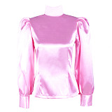 Handmade Lockable Satin Sissy Blouse – Puff Sleeve Crossdressing Top (Blue / Black / Silver / Pink) [G1597]