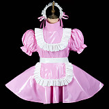 Fondcosplay Lockable Pink Thin PVC Sissy Maid Crossdressing Dress with Apron and Integrated Panties [G2418]