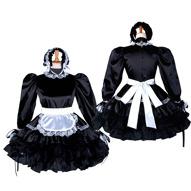 Black Satin Sissy Maid Dress with White Apron and Bonnet – Lockable Crossdressing Cosplay Outfit [G793]