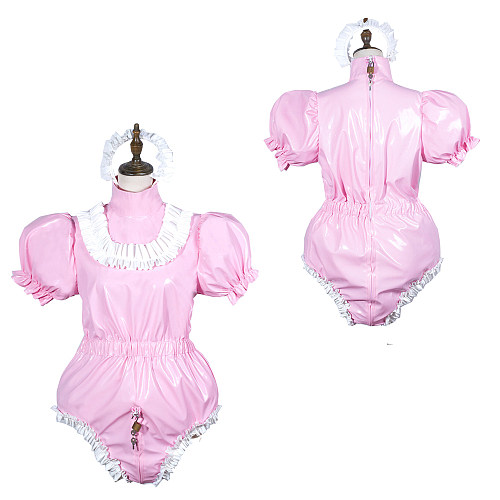 Fondcosplay Lockable Pink Thin PVC Sissy Maid Crossdressing Bodysuit with Puff Sleeves [G3779]