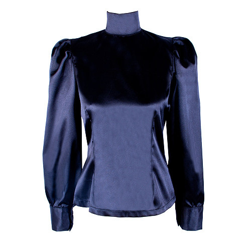 Handmade Lockable Satin Sissy Blouse – Puff Sleeve Crossdressing Top (Blue / Black / Silver / Pink) [G1597]