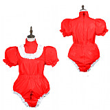 Fondcosplay Lockable Pink Thin PVC Sissy Maid Crossdressing Bodysuit with Puff Sleeves [G3779]