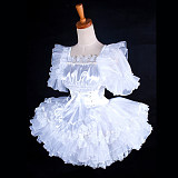 Handmade Lockable Satin Sissy Bridal Maid Dress – White Wedding Style Crossdressing Outfit [G1596]