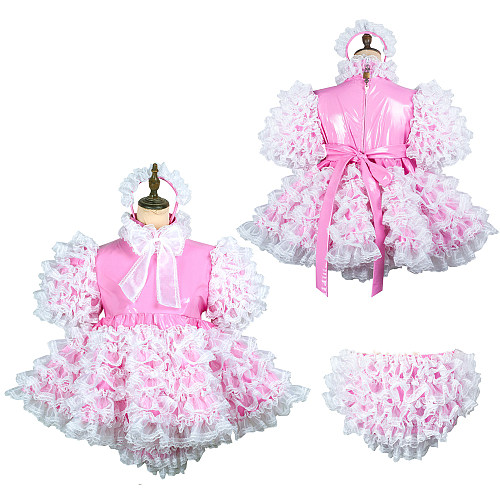 Fondcosplay Lockable Pink Thin PVC Sissy Maid Dress with Lace Ruffles and Optional Panties [G2432]