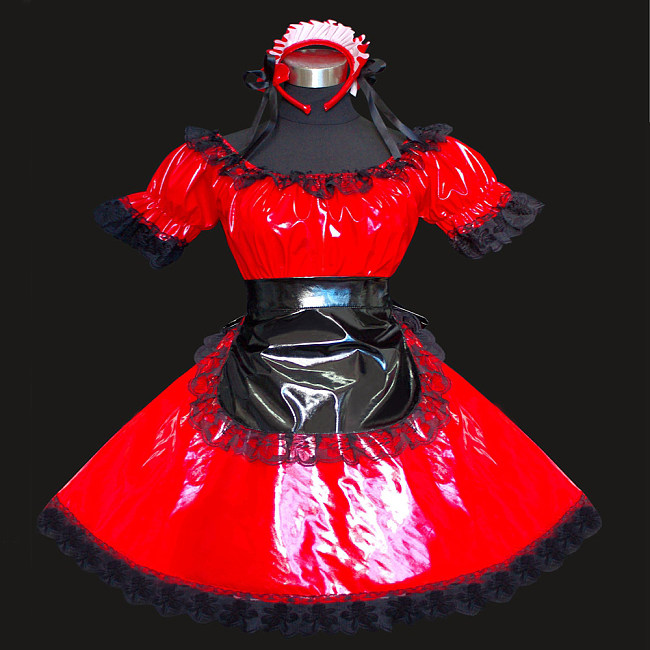 Red and Black Thin PVC Lockable Sissy Maid Crossdressing Dress [G510]