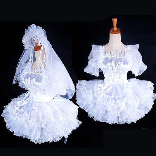 Handmade Lockable Satin Sissy Bridal Maid Dress – White Wedding Style Crossdressing Outfit [G1596]