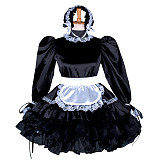 Black Satin Sissy Maid Dress with White Apron and Bonnet – Lockable Crossdressing Cosplay Outfit [G793]