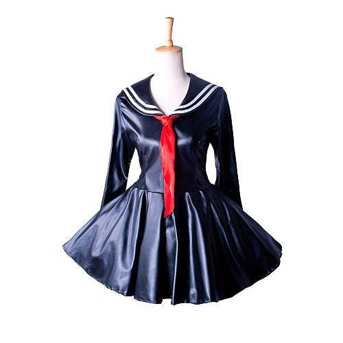 School Uniform Sissy Maid Crossdressing Black Faux Leather Sailor Dress with Red Necktie [G1353]