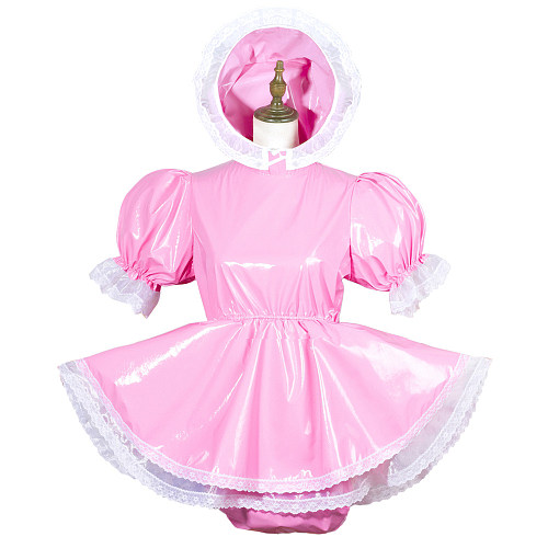 Fondcosplay Lockable Pink Thin PVC Sissy Maid Crossdressing Dress with Built-in Panties and Bonnet [G3780]