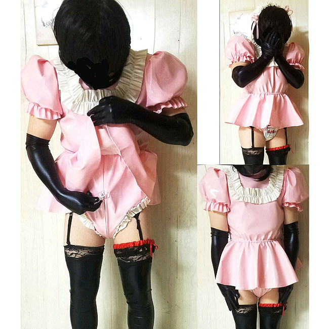Fondcosplay Handmade Lockable Sissy Maid Dress Pink White Heavy PVC with Built-in Panties Crossdressing Outfit [G3999]