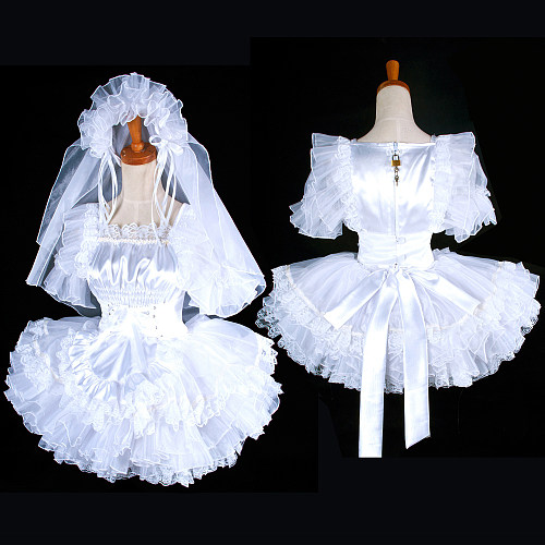 Handmade Lockable Satin Sissy Bridal Maid Dress – White Wedding Style Crossdressing Outfit [G1596]