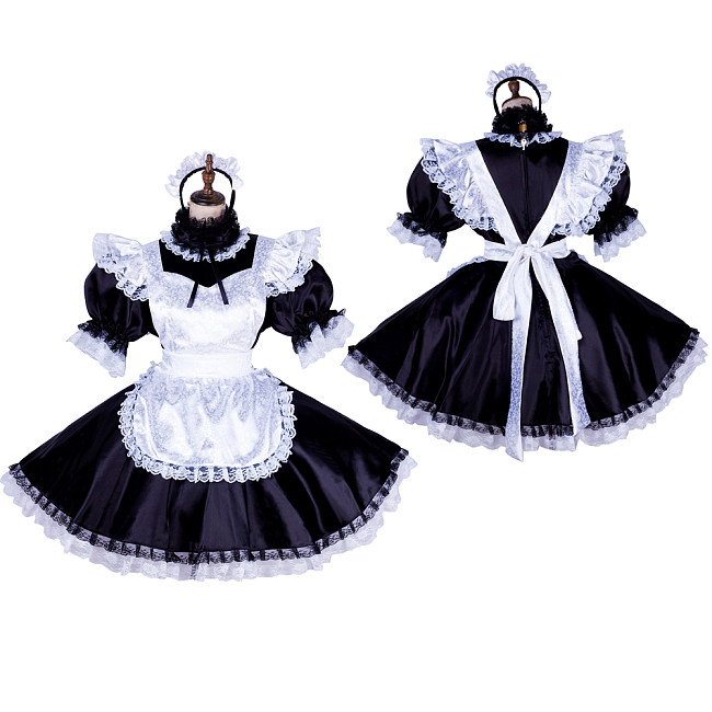 Handmade Lockable Sissy Maid Dress – Black & White Satin Crossdressing Outfit [G1775]