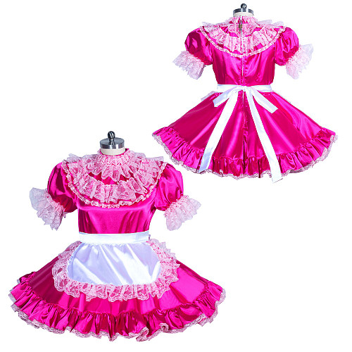 Fondcosplay Lockable Sissy Maid Satin Dress Hot Pink with Pink Lace Crossdressing Costume [G3933]