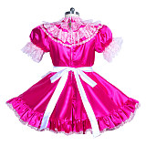 Fondcosplay Lockable Sissy Maid Satin Dress Hot Pink with Pink Lace Crossdressing Costume [G3933]