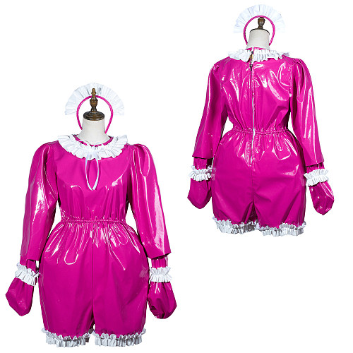 Fondcosplay Lockable Pink Thin PVC Sissy Maid Crossdressing Romper with Headpiece [G3797]