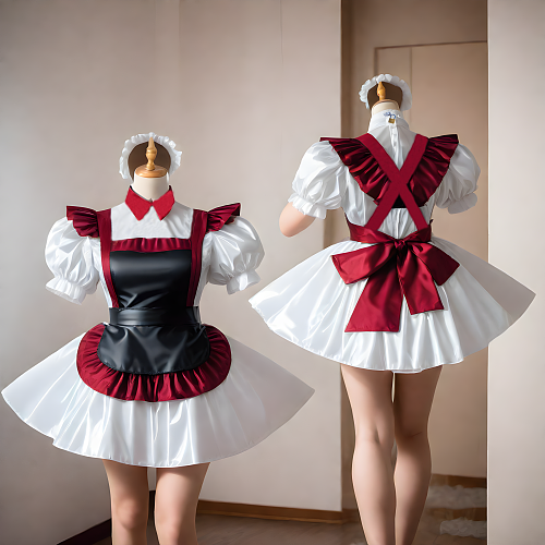 fondcosplay Custom Thin PVC Lockable Sissy Maid Dress – Burgundy, White & Black Puff Sleeve Cosplay Outfit [G4073]