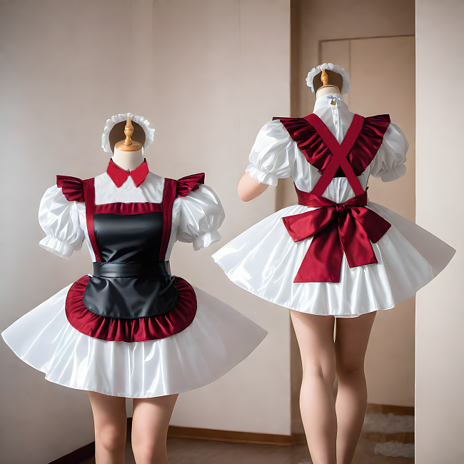 fondcosplay Custom Thin PVC Lockable Sissy Maid Dress – Burgundy, White & Black Puff Sleeve Cosplay Outfit [G4073]