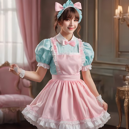 fondcosplay Pastel Blue & Pink Satin Sissy Maid Dress – Lockable Handmade Cosplay Outfit [G4071]