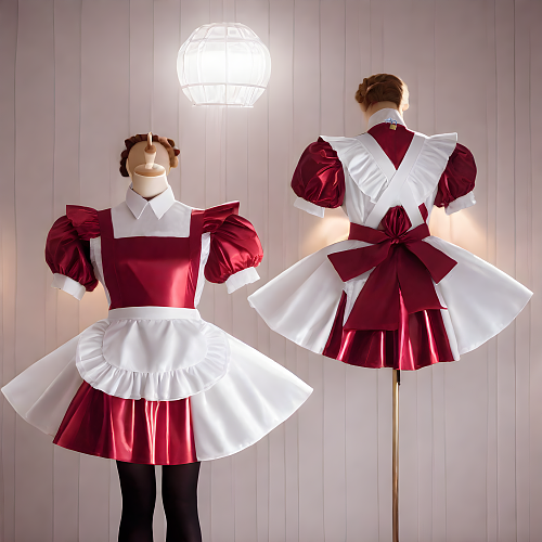 fondcosplay Handmade Thin PVC Lockable Sissy Maid Dress – Burgundy & White Frilly Cosplay Apron Dress [G4074]