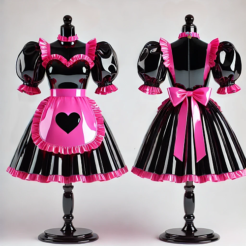fondcosplay Custom Handmade Lockable Black & Hot Pink Heavy PVC Sissy Maid Dress with Heart Apron [G4075]