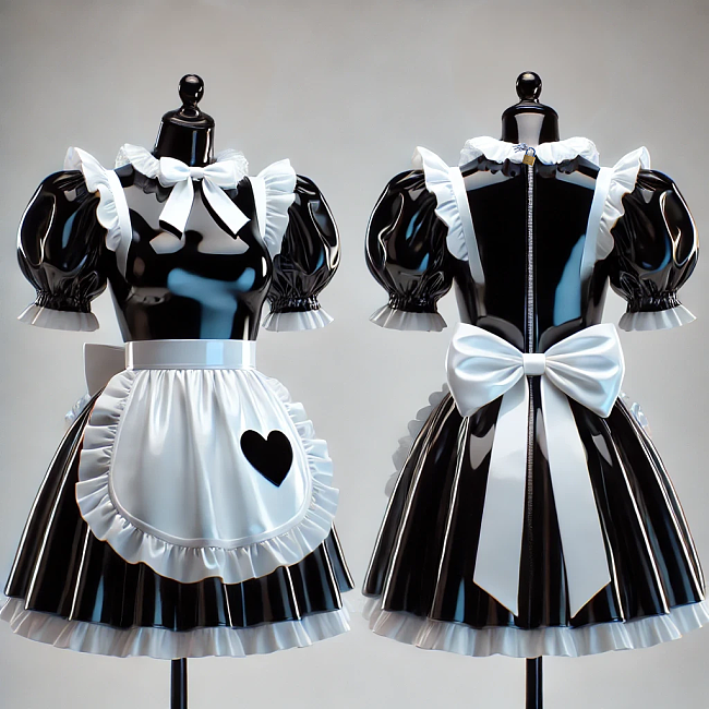fondcosplay Custom Handmade Lockable Heavy PVC Sissy Maid Dress – Glossy Black & White with Heart Apron [G4077]
