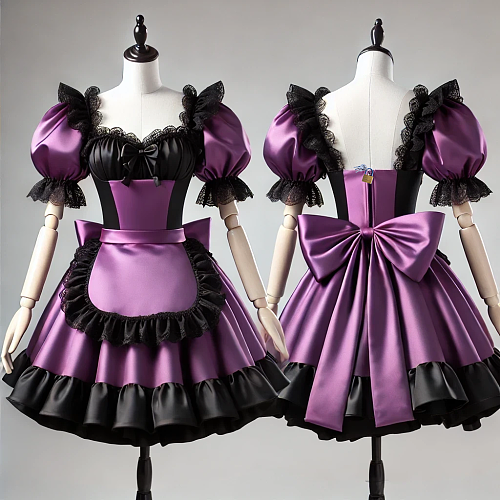 fondcosplay Custom Handmade Lockable Purple Satin Sissy Maid Dress with Black Lace and Bow [G4076]