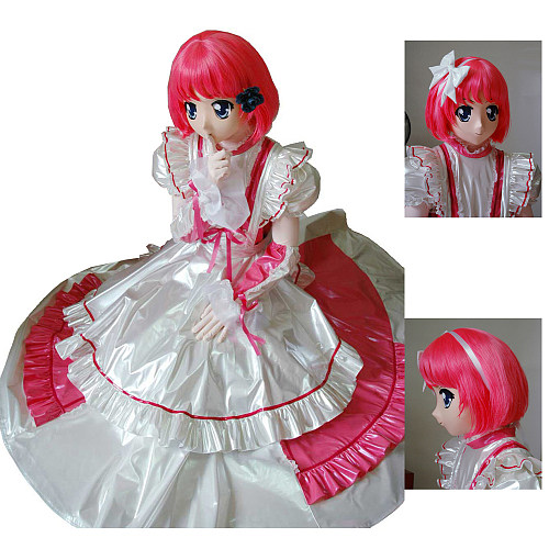 Custom Handmade Lockable Thin PVC White & Pink Sissy Maid Long Dress with Ruffles [G1437]