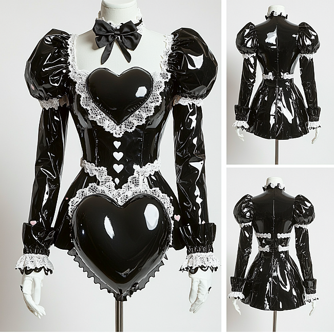 fondcosplay Custom Handmade Lockable Black Heavy PVC Sissy Maid Dress with Heart Cutouts & Lace Detail [G4078]
