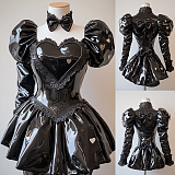 fondcosplay Custom Handmade Lockable Black Heavy PVC Sissy Maid Dress with Heart Chest Cutout & Puff Sleeves [G4079]