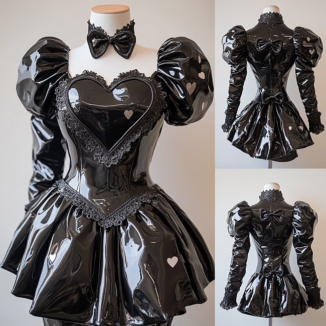 fondcosplay Custom Handmade Lockable Black Heavy PVC Sissy Maid Dress with Heart Chest Cutout & Puff Sleeves [G4079]