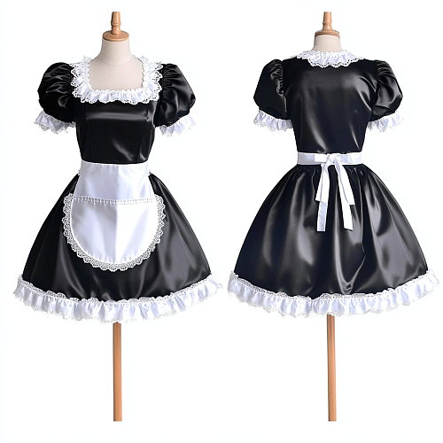 fondcosplay Custom Handmade Lockable Black & White Satin Sissy Maid Dress with Lace Apron [G4080]