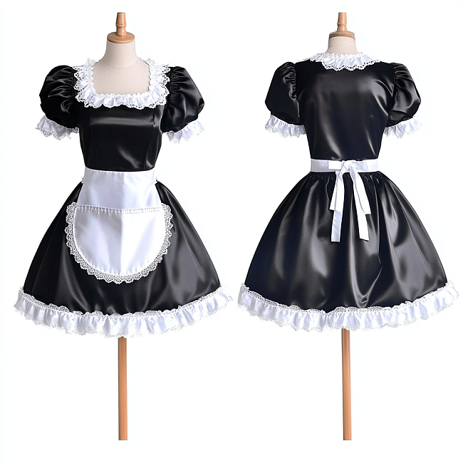 fondcosplay Custom Handmade Lockable Black & White Satin Sissy Maid Dress with Lace Apron [G4080]