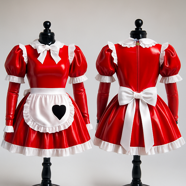 fondcosplay Custom Handmade Lockable Red & White Heavy PVC Sissy Maid Dress with Heart Apron [G4083]