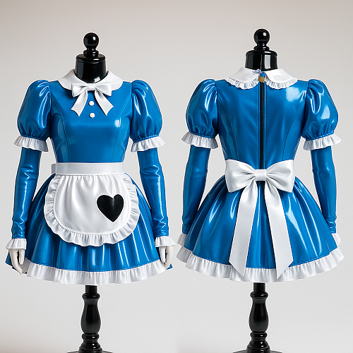 fondcosplay Custom Handmade Lockable Blue & White Heavy PVC Sissy Maid Dress with Heart Apron [G4082]