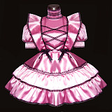 Pink Satin Sissy Maid Dress with Black Lace Trim – Lockable Design [G277]