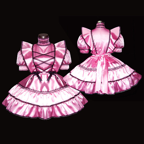 Pink Satin Sissy Maid Dress with Black Lace Trim – Lockable Design [G277]