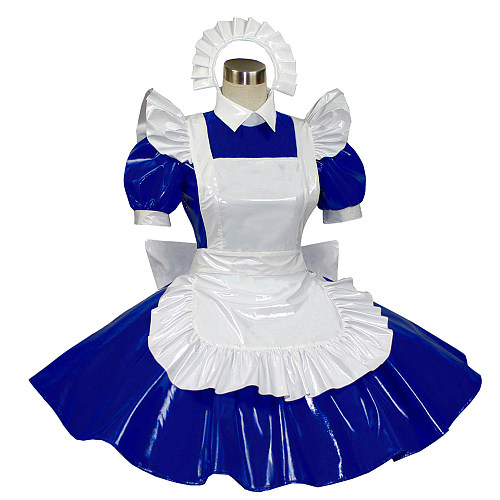 Custom Lockable Heavy Blue & White PVC Sissy Maid Dress with Apron and Headpiece [G312]