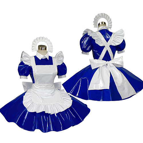 Custom Lockable Heavy Blue & White PVC Sissy Maid Dress with Apron and Headpiece [G312]