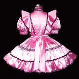 Pink Satin Sissy Maid Dress with Black Lace Trim – Lockable Design [G277]