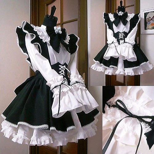 Black and White Cotton Lockable Sissy Maid Dress with Lace and Ruffles [CK011]