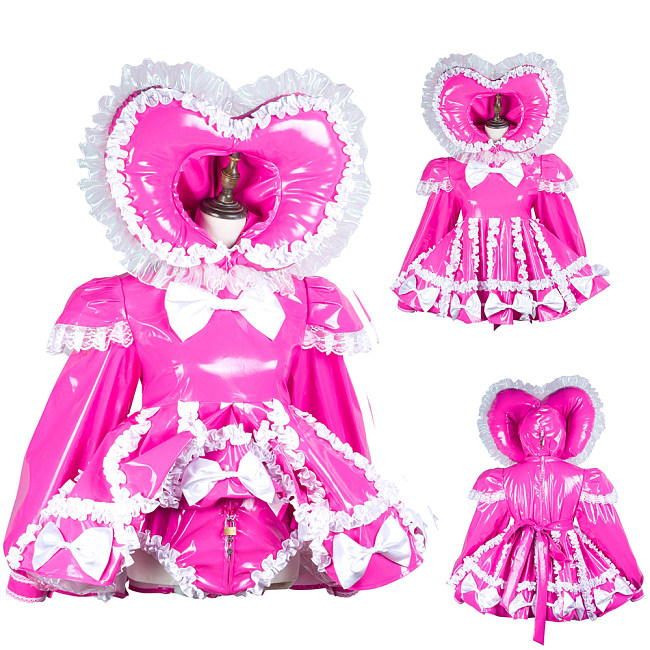 Hot Pink Thin PVC Lockable Sissy Maid Crossdressing Romper Dress with Heart Hood and Built-in Panty [G3728]