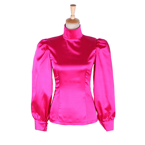 Lockable Hot Pink Satin High-Neck Sissy Blouse with Puff Sleeves – Glossy Crossdressing Top [G1651]