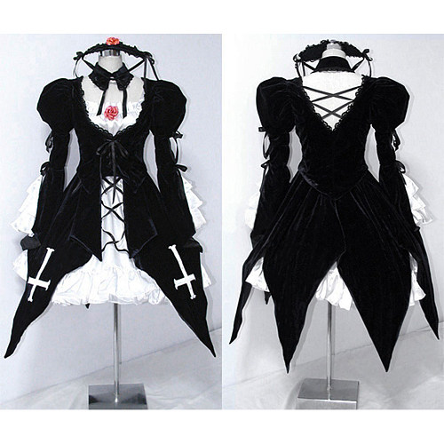 Rozen Maiden Suigintou Black & White Velvet Gothic Cosplay Dress [CK023]