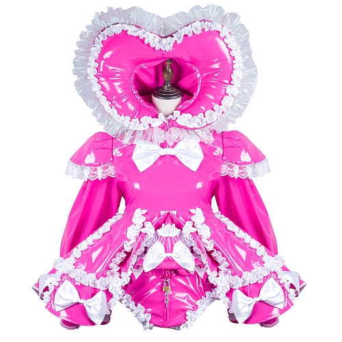 Hot Pink Thin PVC Lockable Sissy Maid Crossdressing Romper Dress with Heart Hood and Built-in Panty [G3728]